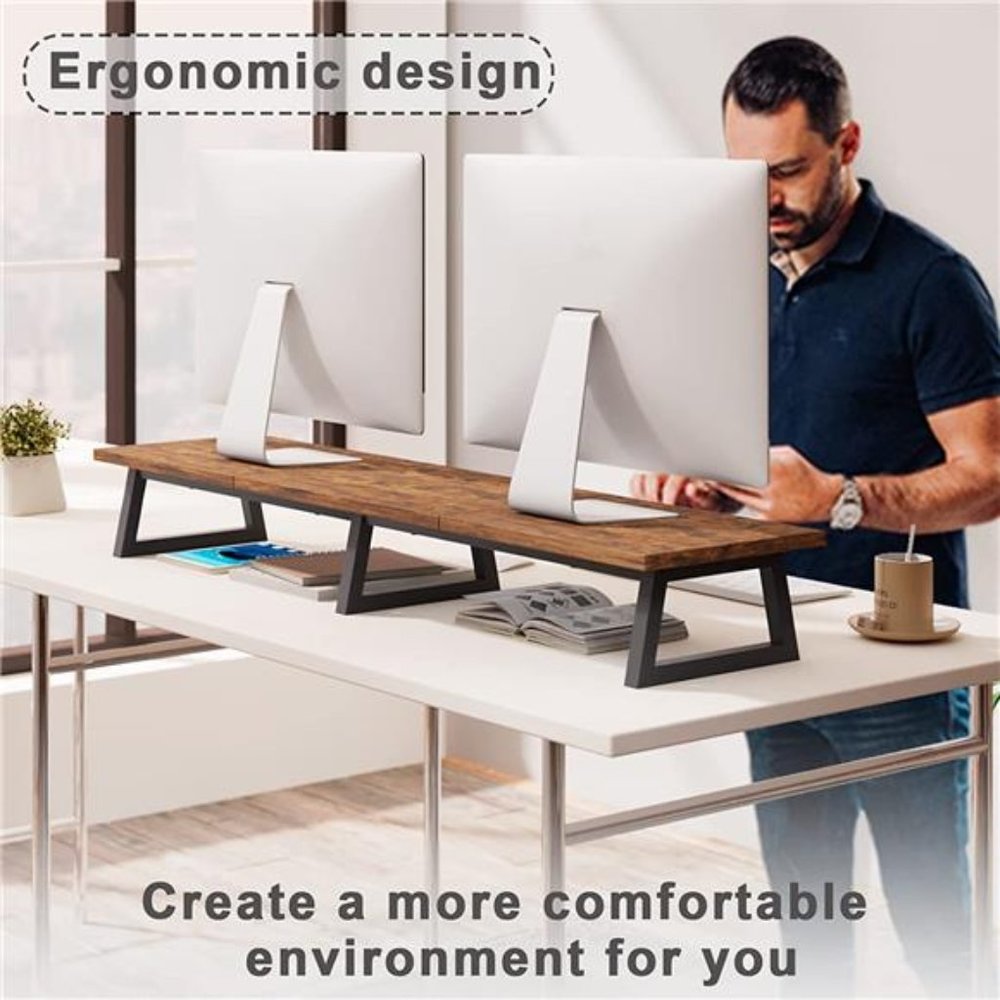 42 inch Large Dual Monitor Riser, Rustic Brow Wood & Steel Desktop Riser - Picture 6 of 6